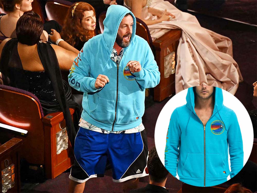 Adam Sandler Crashes the 2025 Oscars in an Aviator Nation Hoodie and Basketball Shorts