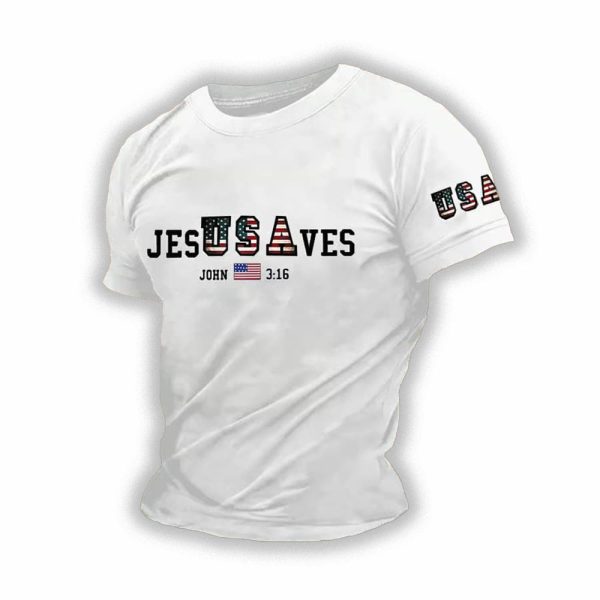 Mens Vintage USA Jesus Saves Printed Round Neck T Shirt 3