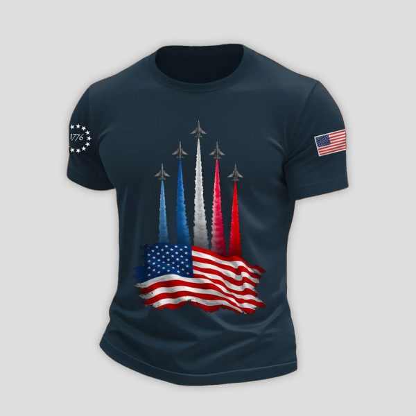 Mens Independence Day American Flag Jet Planes Print Casual Tee1