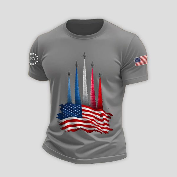 Mens Independence Day American Flag Jet Planes Print Casual Tee4
