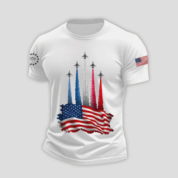 Mens Independence Day American Flag Jet Planes Print Casual Tee5