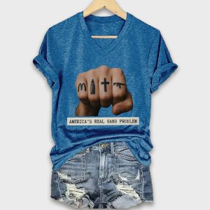 V Neck Retro Americas Real Gang Problem Print T Shirt 1