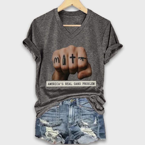 V Neck Retro Americas Real Gang Problem Print T Shirt 2
