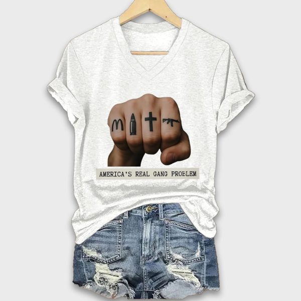 V Neck Retro Americas Real Gang Problem Print T Shirt 3