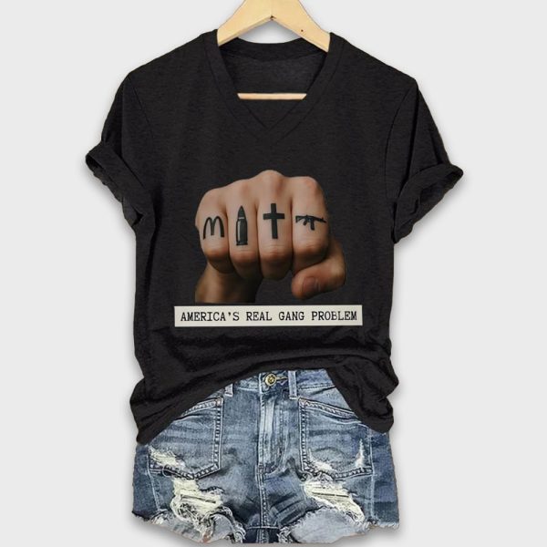 V-Neck Retro America's Real Gang Problem Print T-Shirt