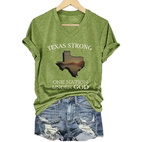 V Neck Retro Texas Strong One Nation Under God Print T Shirt