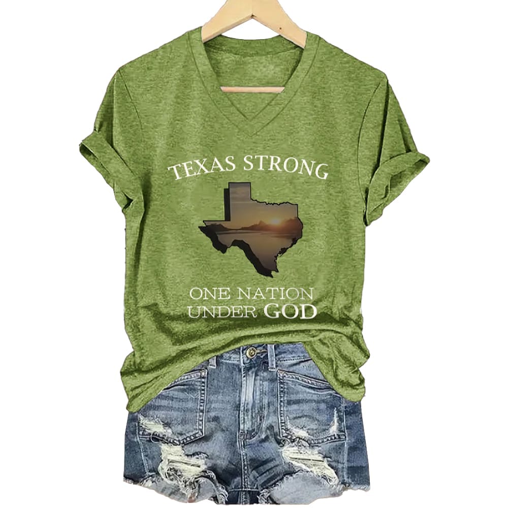 V Neck Retro Texas Strong One Nation Under God Print T Shirt V-Neck Retro Texas Strong One Nation Under God Print T-Shirt