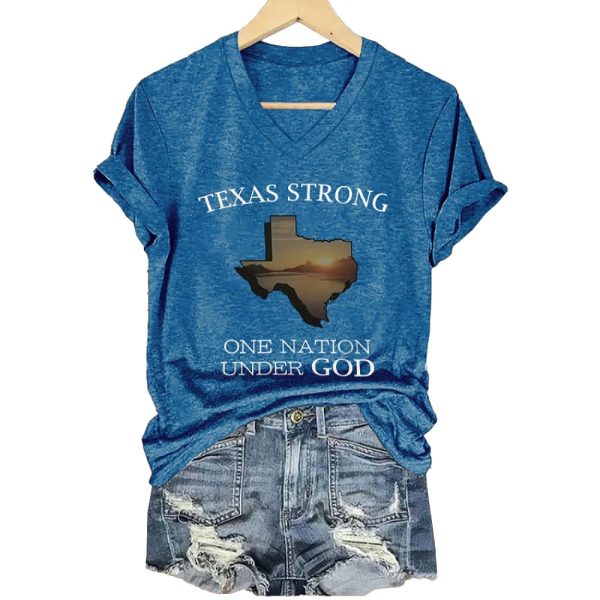 V Neck Retro Texas Strong One Nation Under God Print T Shirt1