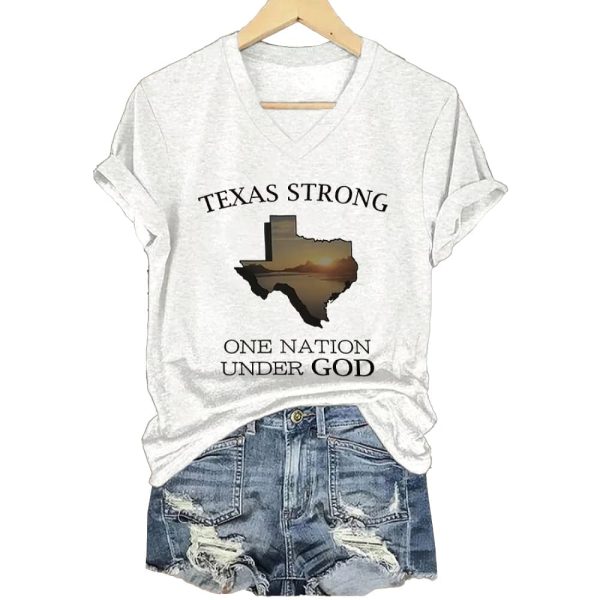 V Neck Retro Texas Strong One Nation Under God Print T Shirt3