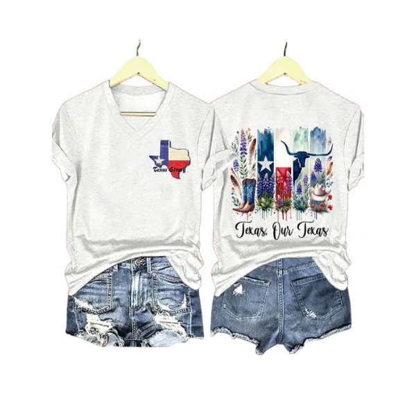 V Neck Retro Texas Strong Texas Our Texas Print T Shirt3