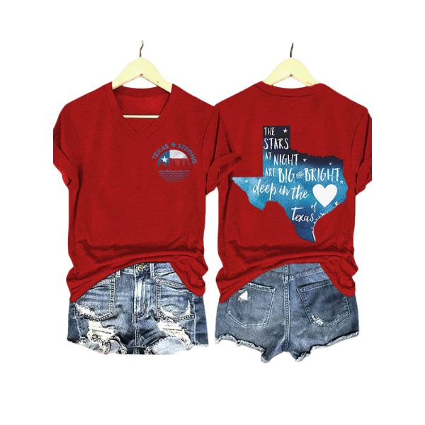 V Neck Retro Texas Strong The Stars At Night Are Big And Bright Deep In The Heart Of Texas Print T Shirt2