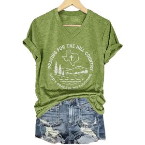 V Neck Retro Texas Strong Praying For The Hill Country Gods Grace In The Flooding Print T Shirt
