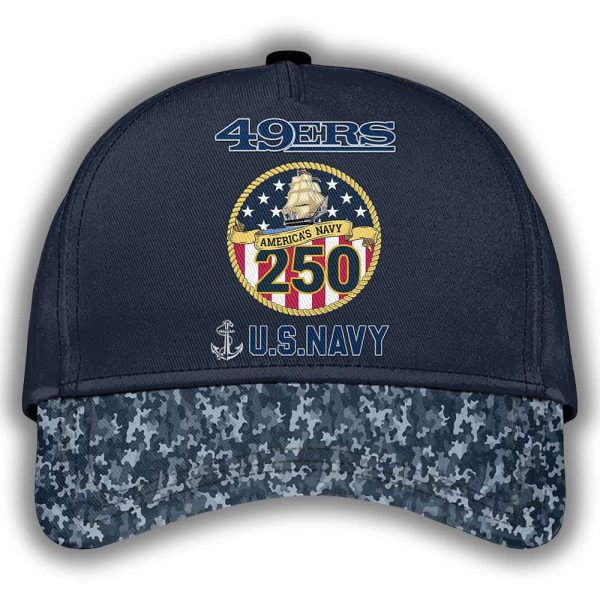 SF 49ers US Navy 250th Birthday Celebration Night Game 2025 Hoodie Joggers Cap 3