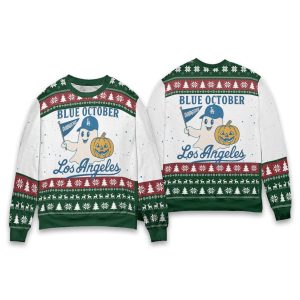 Blue October Ghost Dodgers Christmas Ugly Sweater 1
