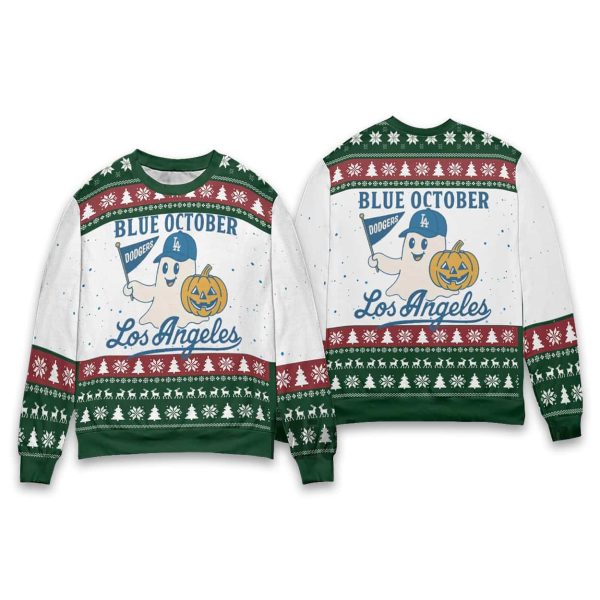 Blue October Ghost Dodgers Christmas Ugly Sweater 1