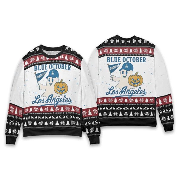 Blue October Ghost Dodgers Christmas Ugly Sweater 3