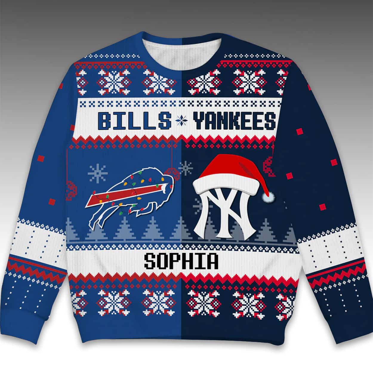 2025 Bills x Yankees Customized Christmas Ugly Sweater 1 2025 Bills x Yankees Customized Christmas Ugly Sweater