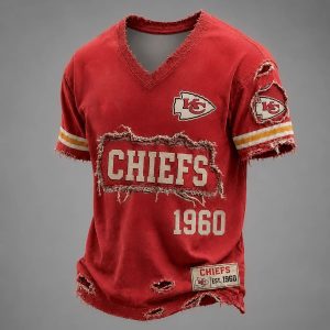 Chiefs Est 1960 Distressed Ripped Luxury V Neck T Shirt