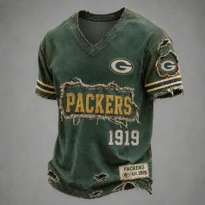 Packers Est 1919 Distressed Ripped Luxury V Neck T Shirt