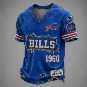 Bills Est 1960 Distressed Ripped Luxury V Neck T Shirt