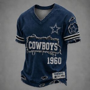 Cowboys Est 1960 Distressed Ripped Luxury V Neck T Shirt